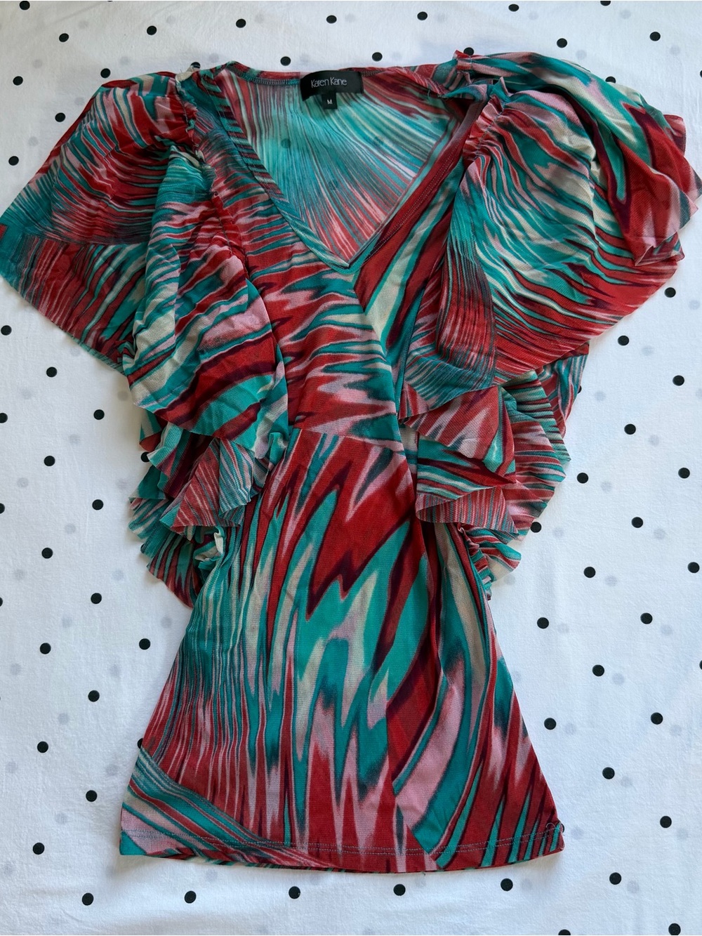 Karen Kane Red & Teal V-Neck Ruffle Sleeve Top Mesh